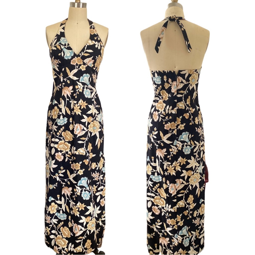 70s vintage black floral halter tie dress